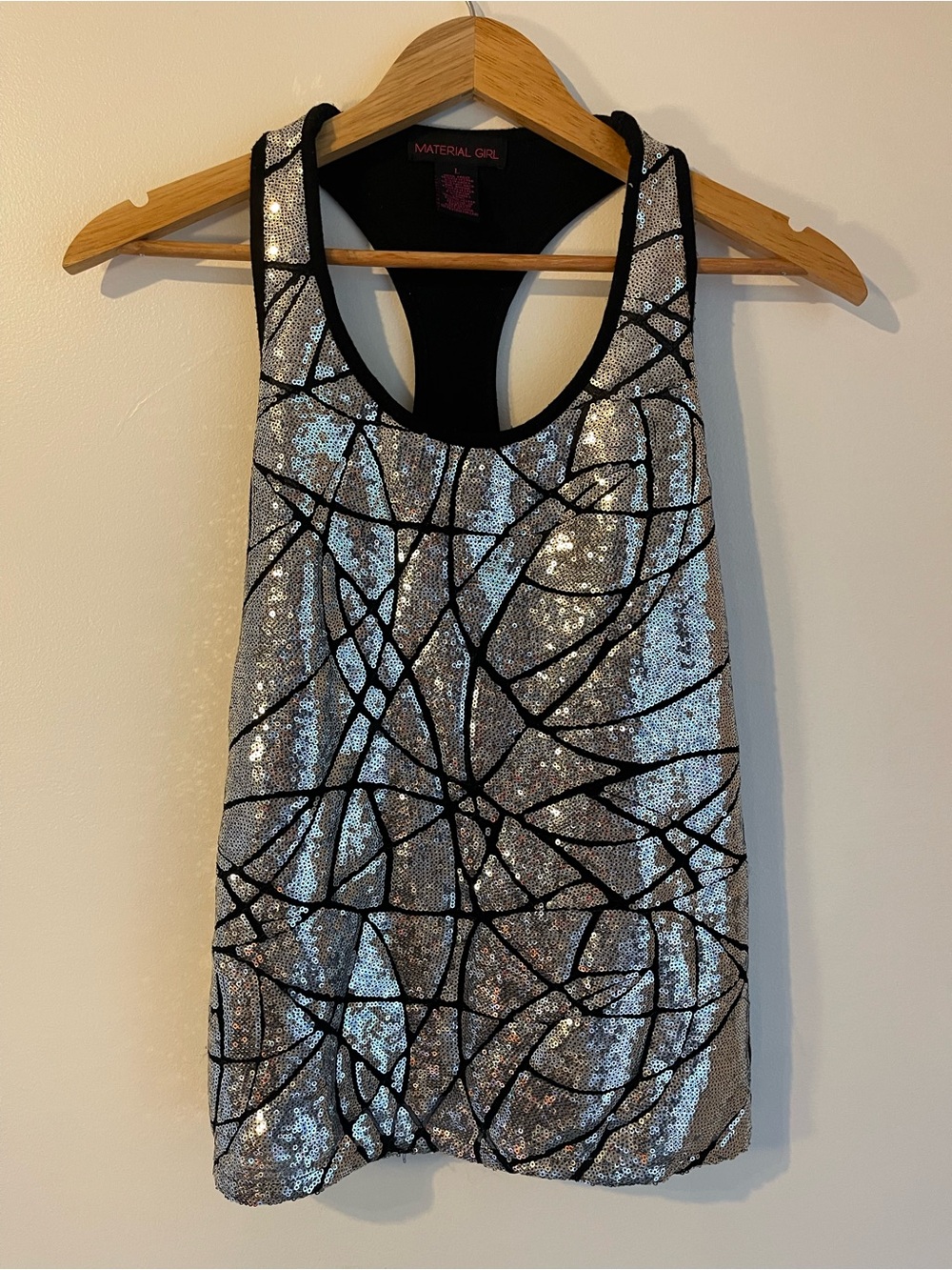 Material Girl Sequin Tank Top Abstract Geometric Racerback Silver Black L